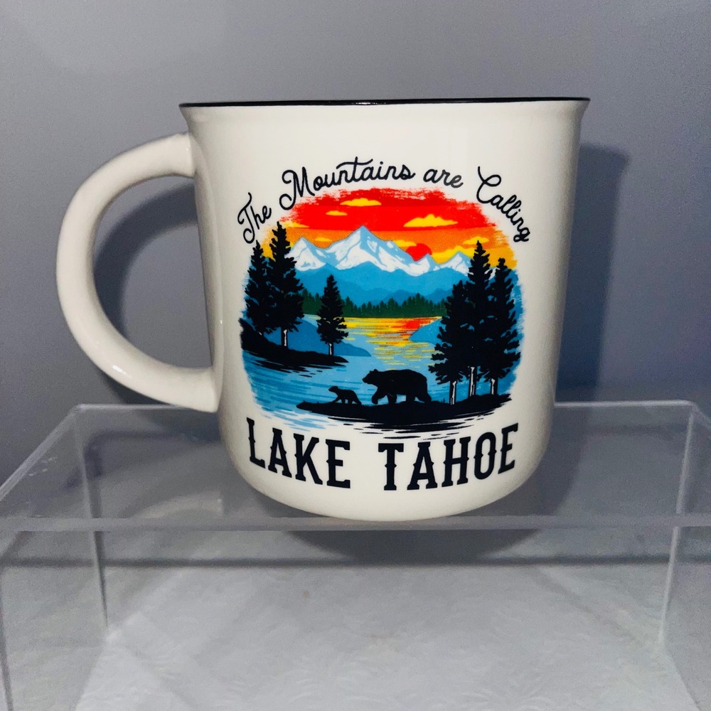 Lake Tahoe The Mountains Are Calling Coffee Mug Bear Sunset White Black Rim